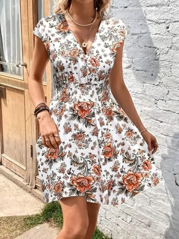 Women's Short Sleeve Crossover Neck Floral Patterned Supreme Dress - BÜYÜKBEDENIZ