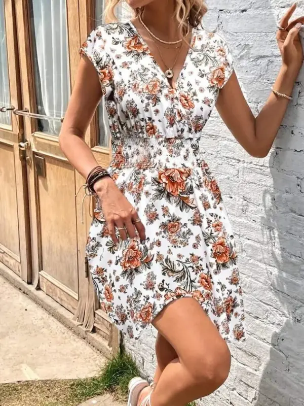 Women's Short Sleeve Crossover Neck Floral Patterned Supreme Dress - 2