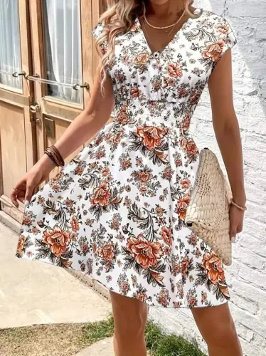 Women's Short Sleeve Crossover Neck Floral Patterned Supreme Dress - 4