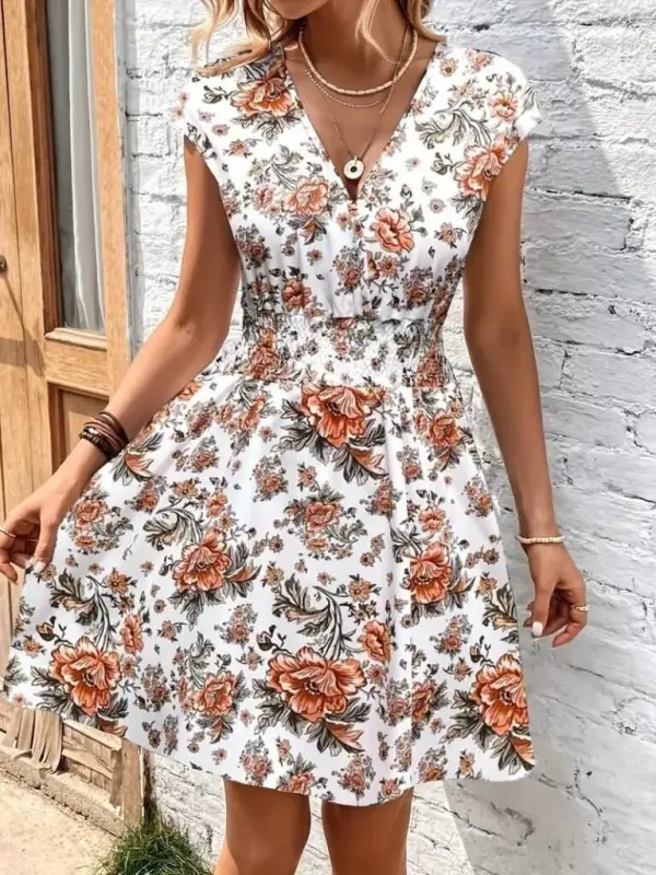 Women's Short Sleeve Crossover Neck Floral Patterned Supreme Dress - 5
