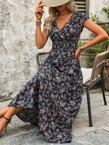 Women's Short Sleeve Crossover Neck Floral Patterned Waist Elastic Supreme Long Dress - 1