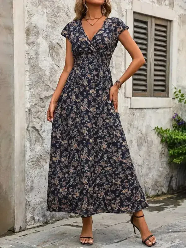 Women's Short Sleeve Crossover Neck Floral Patterned Waist Elastic Supreme Long Dress - 2