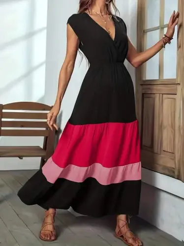 Women's Short Sleeve Crossover Neck Multicolor Aerobin Dress - 1