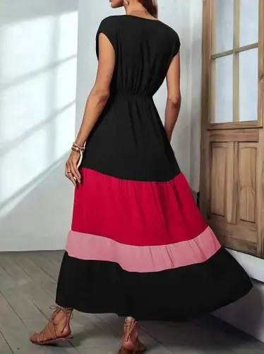 Women's Short Sleeve Crossover Neck Multicolor Aerobin Dress - BÜYÜKBEDENIZ (1)