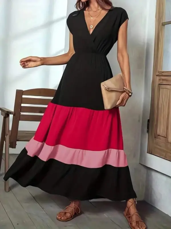 Women's Short Sleeve Crossover Neck Multicolor Aerobin Dress - 3