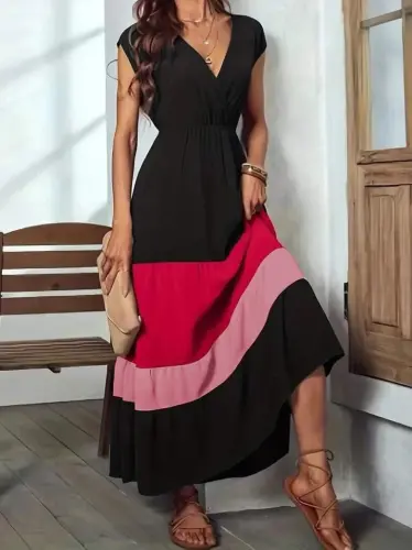 Women's Short Sleeve Crossover Neck Multicolor Aerobin Dress - 4