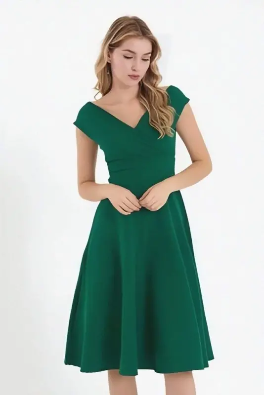 Women's Short Sleeve Crossover Neck Ruffle Hem Crepe Dress - 5