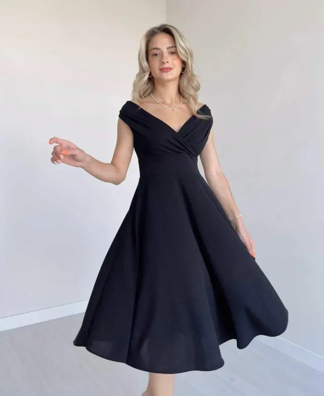 Women's Short Sleeve Crossover Neck Ruffled Crepe Dress - 1