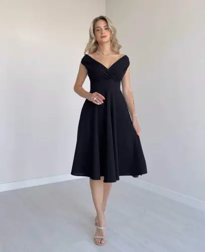 Women's Short Sleeve Crossover Neck Ruffled Crepe Dress - BÜYÜKBEDENIZ (1)