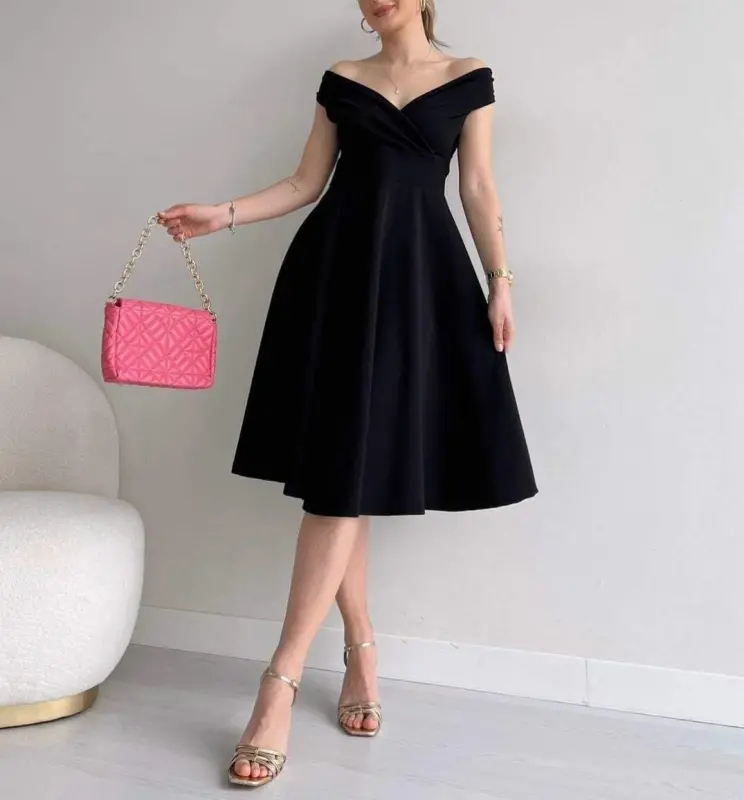 Women's Short Sleeve Crossover Neck Ruffled Crepe Dress - 7