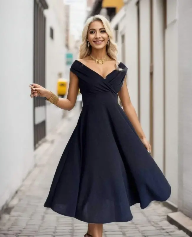 Women's Short Sleeve Crossover Neck Ruffled Crepe Dress - 9