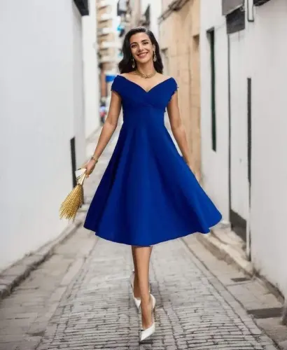 Women's Short Sleeve Crossover Neck Ruffled Crepe Dress - 2