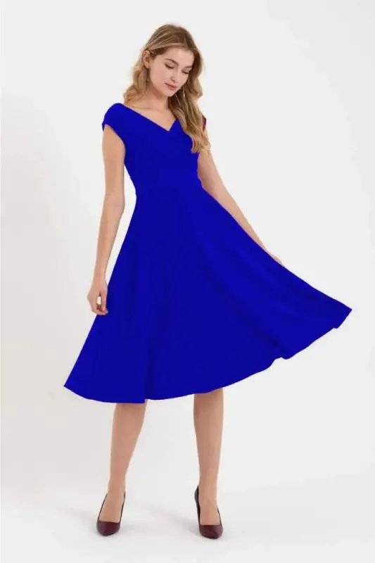 Women's Short Sleeve Crossover Neck Ruffled Crepe Dress - 3
