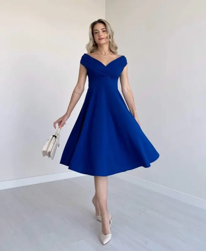 Women's Short Sleeve Crossover Neck Ruffled Crepe Dress - BÜYÜKBEDENIZ