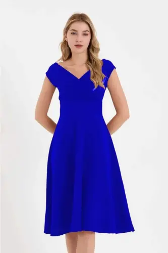 Women's Short Sleeve Crossover Neck Ruffled Crepe Dress - 4