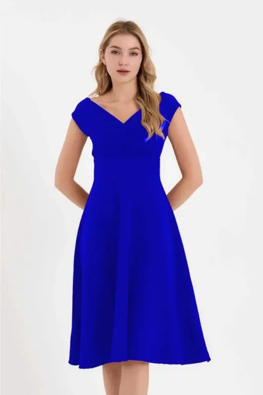 Women's Short Sleeve Crossover Neck Ruffled Crepe Dress - 4