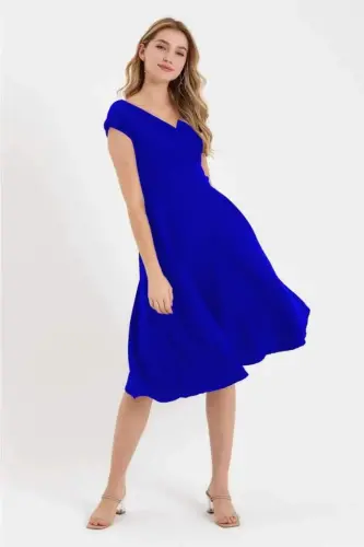 Women's Short Sleeve Crossover Neck Ruffled Crepe Dress - 5