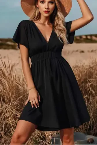 Women's Short Sleeve Crossover Neck Smocked Waist Seersucker Dress - 6