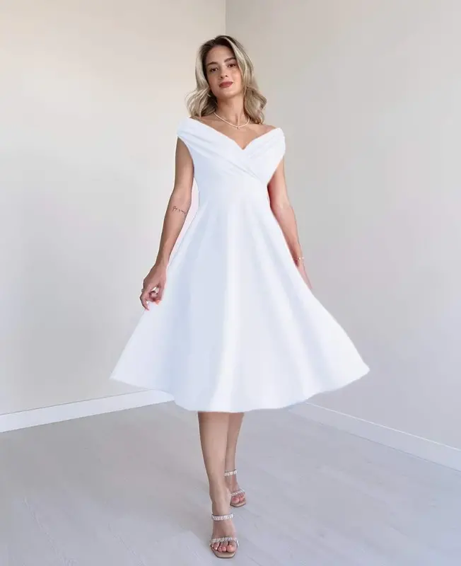 Women's Short Sleeve Crossover Neck Volant Skirt Crepe Dress - 1