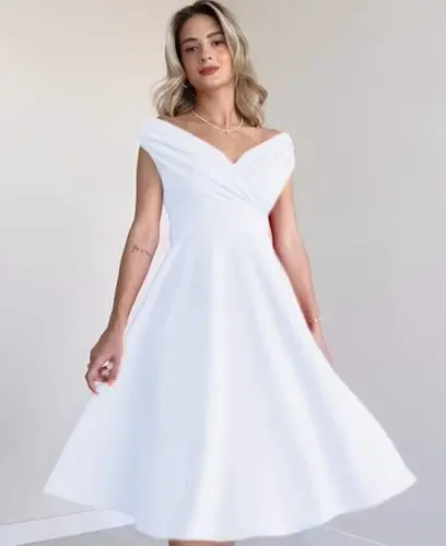 Women's Short Sleeve Crossover Neck Volant Skirt Crepe Dress - 2