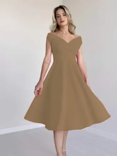 Women's Short Sleeve Crossover Neck Voluminous Skirt Crepe Dress - 1