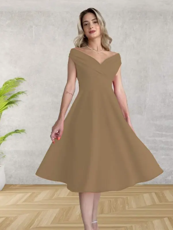 Women's Short Sleeve Crossover Neck Voluminous Skirt Crepe Dress - 2