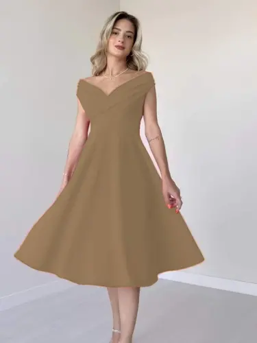 Women's Short Sleeve Crossover Neck Voluminous Skirt Crepe Dress - 3