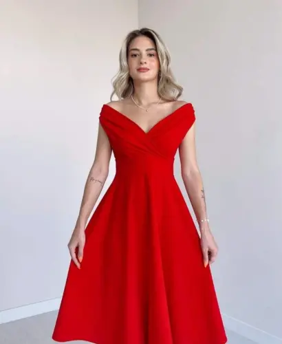 Women's Short Sleeve Crossover Neck Voluminous Skirt Crepe Dress - 2