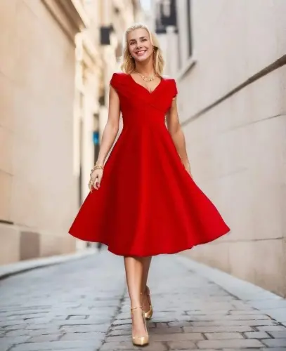 Women's Short Sleeve Crossover Neck Voluminous Skirt Crepe Dress - 5