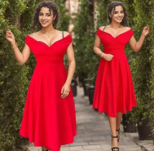 Women's Short Sleeve Crossover Neck Voluminous Skirt Crepe Dress - 6