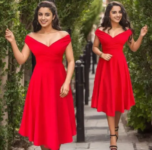 Women's Short Sleeve Crossover Neck Voluminous Skirt Crepe Dress - 7