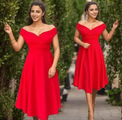 Women's Short Sleeve Crossover Neck Voluminous Skirt Crepe Dress - 8