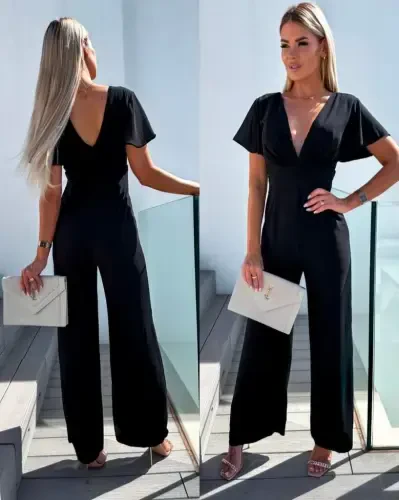 Women's Short Sleeve Crossover Neckline Backless Pegasus Fabric Jumpsuit - 1