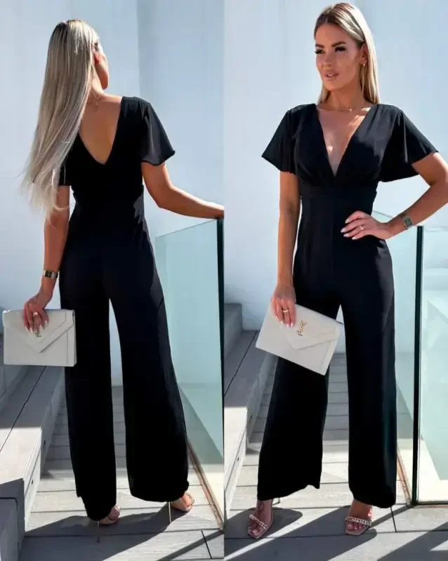 Women's Short Sleeve Crossover Neckline Backless Pegasus Fabric Jumpsuit - BÜYÜKBEDENIZ
