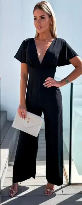 Women's Short Sleeve Crossover Neckline Backless Pegasus Fabric Jumpsuit - 2