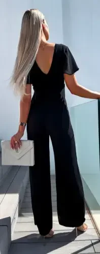 Women's Short Sleeve Crossover Neckline Backless Pegasus Fabric Jumpsuit - 3