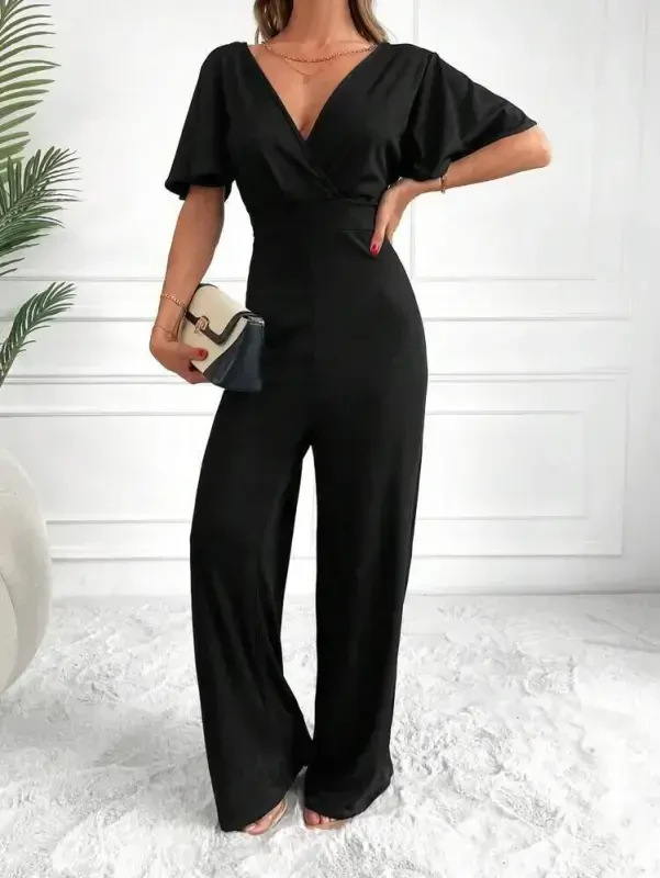 Women's Short Sleeve Crossover Neckline Backless Pegasus Fabric Jumpsuit - 7