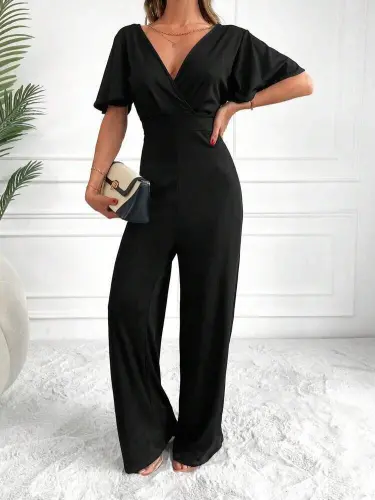 Women's Short Sleeve Crossover Neckline Backless Pegasus Fabric Jumpsuit - BÜYÜKBEDENIZ (1)
