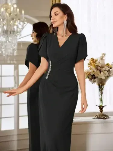 Women's Short Sleeve Crossover Neckline Dress with Floral Waist Detail and Slit Imported Crepe Dress - BÜYÜKBEDENIZ (1)