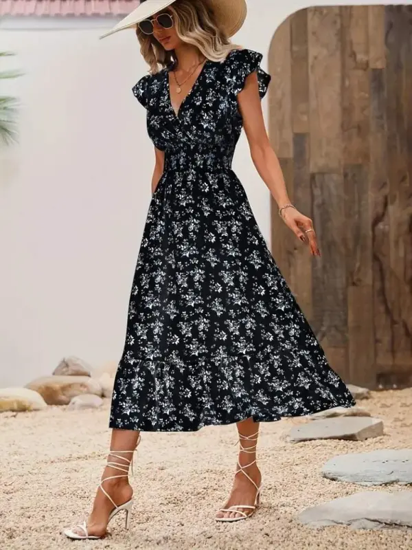 Women's Short Sleeve Crossover Neckline Elastic Waist Floral Dress - 2