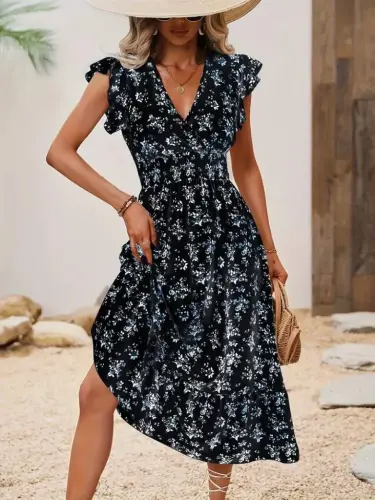 Women's Short Sleeve Crossover Neckline Elastic Waist Floral Dress - 3
