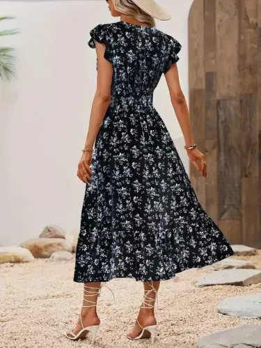 Women's Short Sleeve Crossover Neckline Elastic Waist Floral Dress - 4