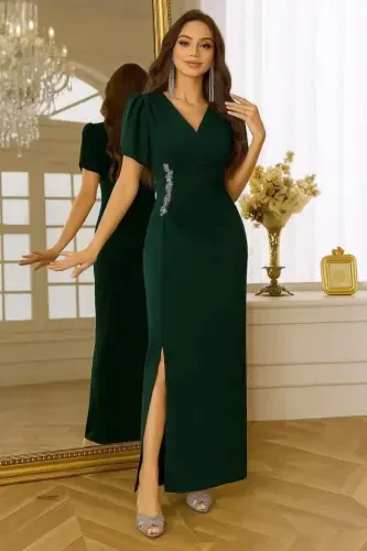 Women's Short Sleeve Crossover Neckline Floral Accessory Slit Imported Crepe Dress - 1