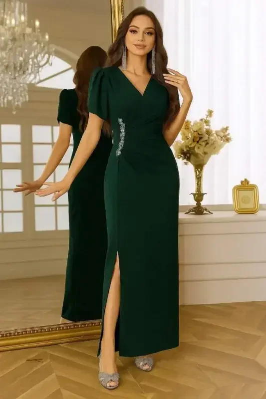 Women's Short Sleeve Crossover Neckline Floral Accessory Slit Imported Crepe Dress - 1