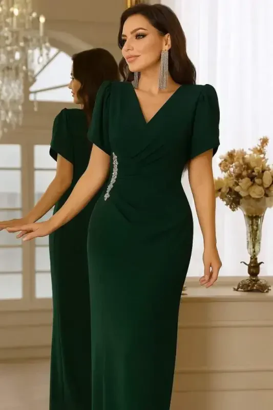 Women's Short Sleeve Crossover Neckline Floral Accessory Slit Imported Crepe Dress - 2