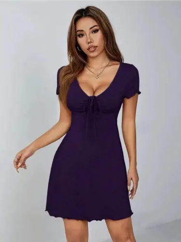 Women's Short Sleeve Deep Ruched V Neck Viscose Dress - 4