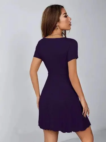 Women's Short Sleeve Deep Ruched V Neck Viscose Dress - 5