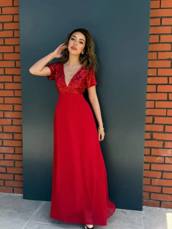 Women's Short Sleeve Deep V Neck A-Line Sequin Detail Chiffon Bridesmaid Dress - BÜYÜKBEDENIZ