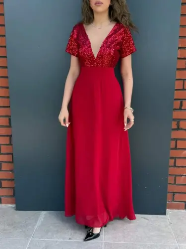 Women's Short Sleeve Deep V Neck A-Line Sequin Detail Chiffon Bridesmaid Dress - BÜYÜKBEDENIZ (1)