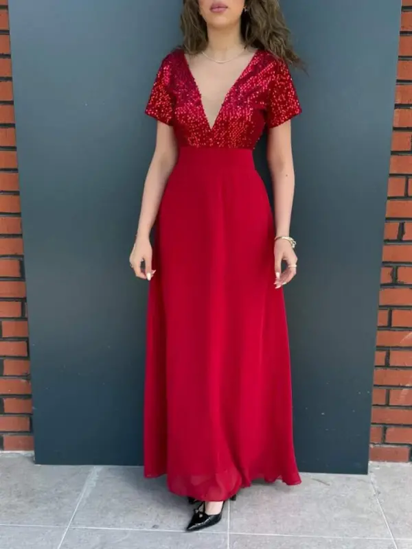 Women's Short Sleeve Deep V Neck A-Line Sequin Detail Chiffon Bridesmaid Dress - 2